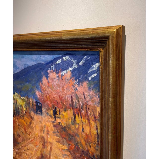 American Grandpa's First Car Ride by Lorenzo Chavez | Oil Painting of a dirt road with a vintage car and autumn trees For Sale - Image 3 of 3