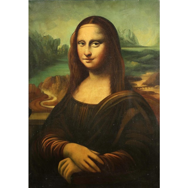 Leonardo Copy Oil on canvas 27.5" x 19.75" frame: 36.5" x 28.75" Mona Lisa. Illegible signature on verso
