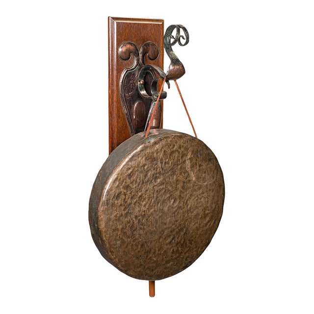 Antique Wall Gong, English, Oak, Bronze, Dinner Chime, Art Nouveau, Victorian For Sale