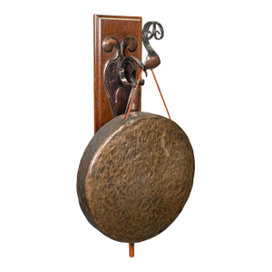 Antique Wall Gong, English, Oak, Bronze, Dinner Chime, Art Nouveau, Victorian