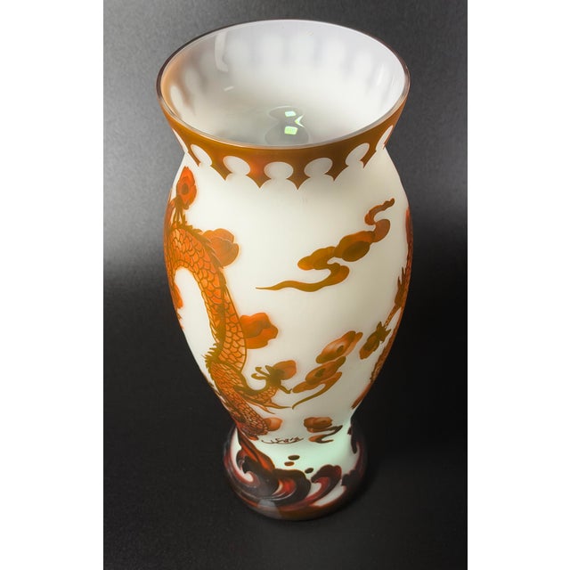 Stunning 15.5" Vintage Gallé Style Cameo Art Glass Imperial Dragon Vase For Sale - Image 4 of 7