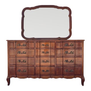 Vintage 1940s Solid Cherry 12-Drawer Serpentine French Provincial Triple Dresser and Matching Mirror Set For Sale