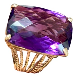 Huge 40Ct Checker Board Cushion Cut Natural Amethyst Cocktail Ring 14KYG, 15.8gm For Sale