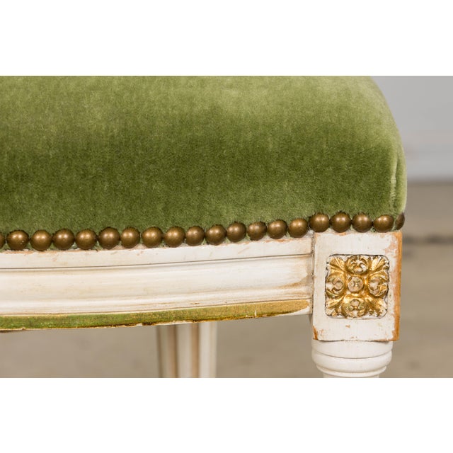Wood Antique French Louis XVI Style Painted Accent Chair in Moss Green Mohair For Sale - Image 7 of 18