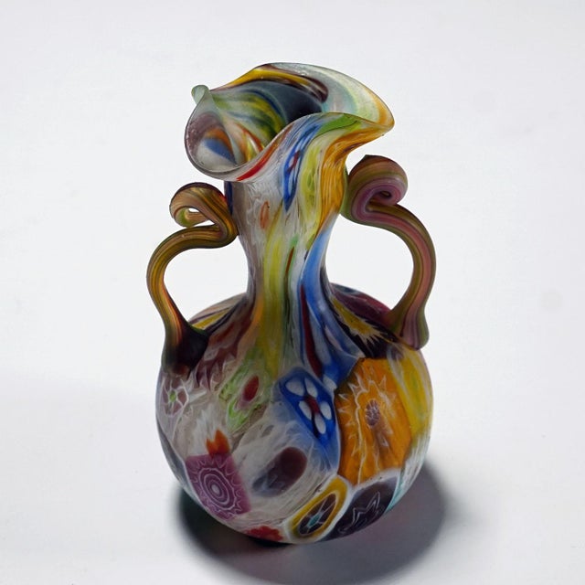 Antique Millefiori Vase with Handles, Fratelli Toso Murano ca. 1920s A tiny millefiori murrine glass vase manufactured by...