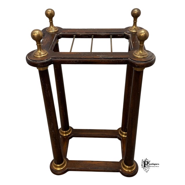 Vintage Edwardian Style Distressed Wood & Brass Umbrella Stand For Sale In Greensboro - Image 6 of 9