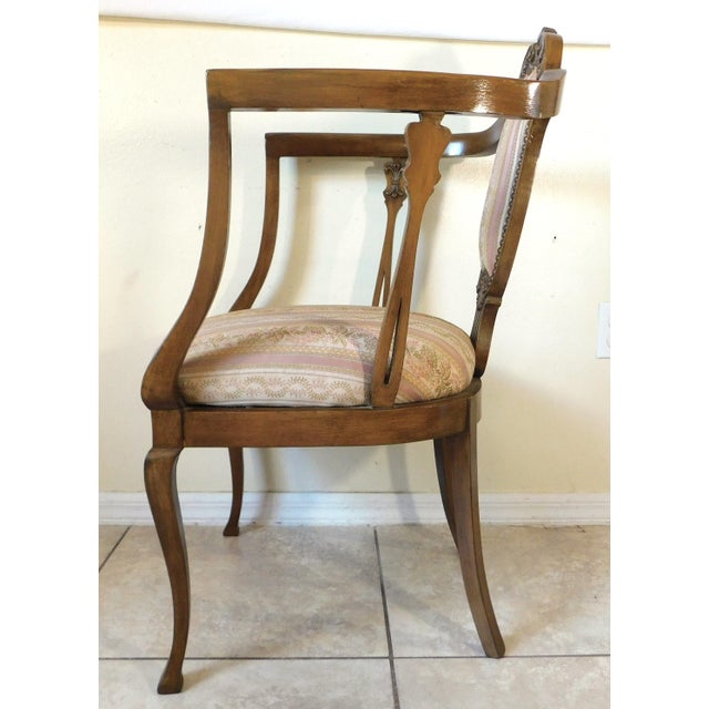 Brown Antique Victorian Pink Floral Striped Carved Wood Brass Studded Side/End Accent Chair For Sale - Image 8 of 15