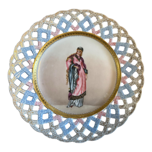 Antique French Victorian Hand Painted Gilt Decorated Portrait Plate Maiden in a Pink & Blue Dress