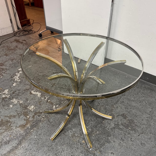 Italian Italian Mid-Century Brass + Chrome Round Glass Dining Table, Vintage For Sale - Image 3 of 12