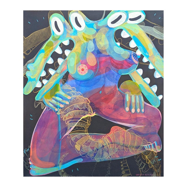 Contemporary Cecilia Beaven Contemporary Abstract Green and Pink Biomorphic Double Alligator Figure Painting, 21st Century For Sale - Image 3 of 10