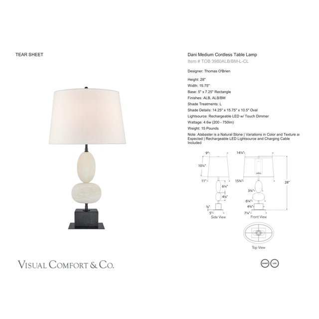 Thomas O'Brien by Visual Comfort Signature Dani Medium Cordless Table Lamp in Alabaster and Black Marble with Linen Shade...