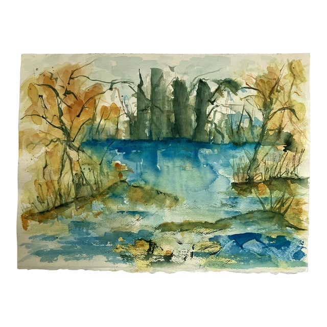 1980’s Original Double Sided Abstract Watercolor Painting River Scene/Still Life With Flowers For Sale