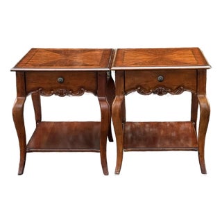Drexel Furniture Rustic French Country Solid Cherry Inlaid End Tables - Set of 2 For Sale