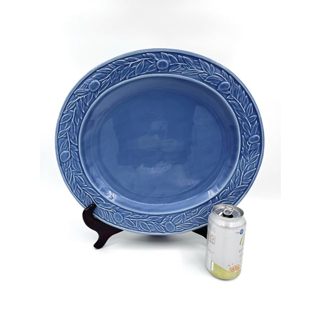 Beautiful discontinued Bordallo Pinheiro Majolica Style Blue Oval Serving Platter embossed with an olive branch design...