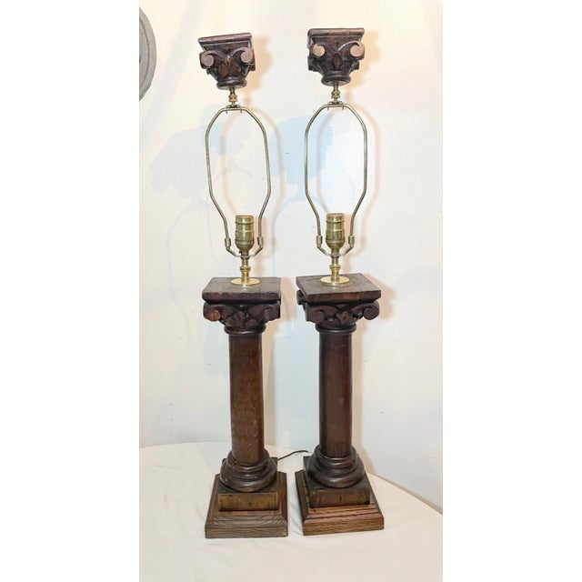 Wood Pair of Antique 1800's Carved Wood Figural Sculpture Architectural Salvage Lamps For Sale - Image 7 of 12