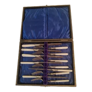 Set of 12 Mother of Pearl and Silver Fruit Service for 6 by Hawksworth Eyre & Co., Early 1900s