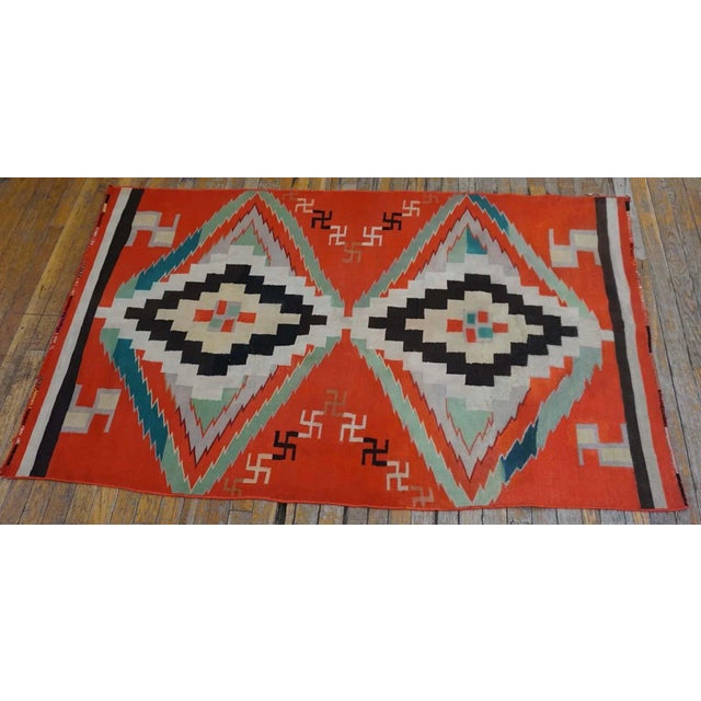 1930s Red Small Antique Tribal Geometric Native American Navajo Flat Weave Rug For Sale - Image 4 of 12