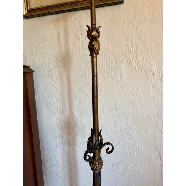 Antique Art Deco Floor Standing Bridge Arm Lamp 59", Ornate Gold & Green Floral For Sale - Image 9 of 11