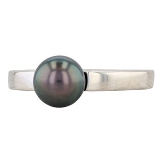 Movado Cultured Black Pearl Diamond Ring 18k White Gold Size 5.75 Solitaire For Sale