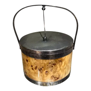 Mid-Century Modern Italian Olive Burl Wood Silver Chrome Ice Bucket Italy