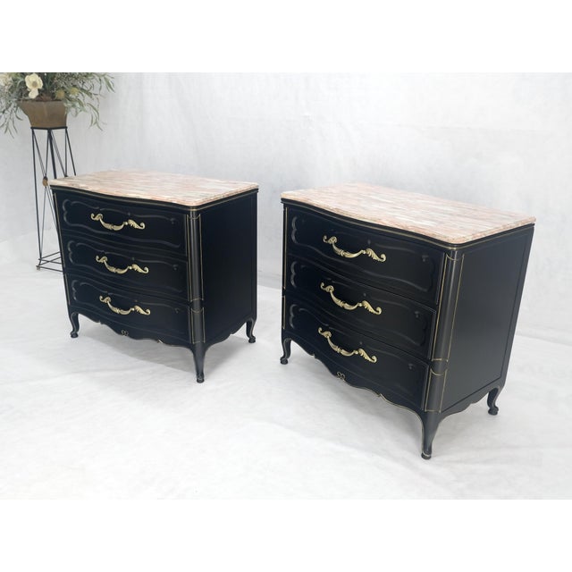 Pair Black Lacquer Heavy Solid Brass Drop Pulls Three Drawer Bachelor Chests For Sale - Image 10 of 12