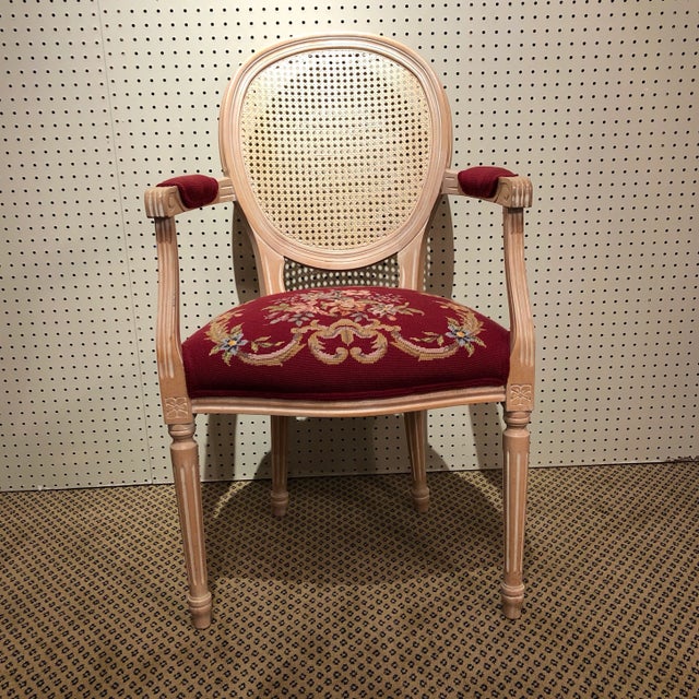 Vintage Polychrome Painted Medallion Caned Back Louis XVI French Arm Chair With Hand Stitched Needlepoint and Petitpoint...