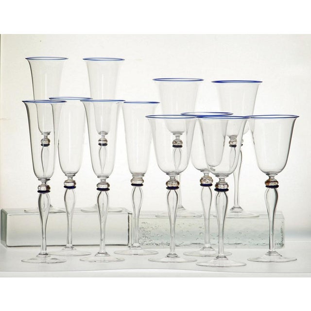 2000 - 2009 Stemmed Flute Glasses in Murano Glass with Cobalt and Gold Accents by Cenedese, 1980s, Set of 6 For Sale - Image 5 of 18