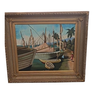 B. Jean Baptiste Signed Framed Harbor Boats Seascape Painting, Large For Sale
