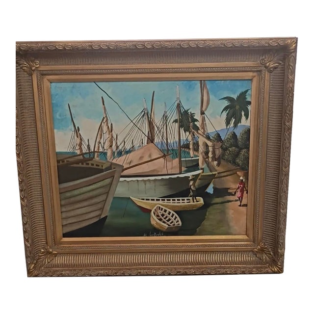 B. Jean Baptiste Signed Framed Harbor Boats Seascape Painting, Large For Sale