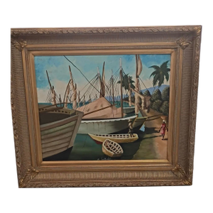 B. Jean Baptiste Signed Framed Harbor Boats Seascape Painting, Large