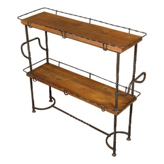 American Midcentury Metal and Wood Two-Tiered Shelving Unit with Twisted Motifs For Sale