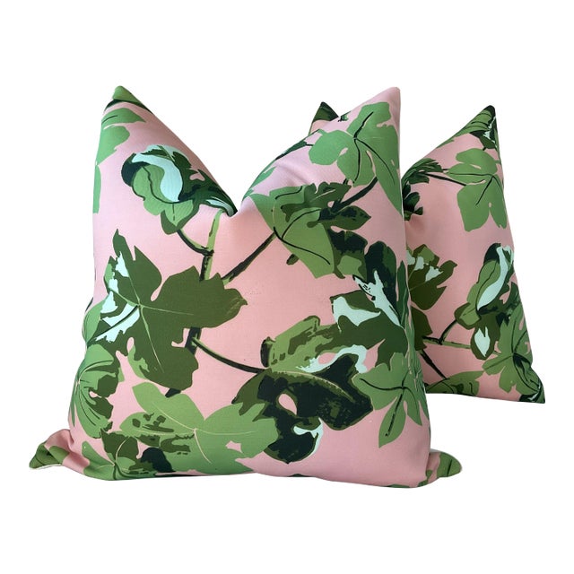 Peter Dunham Indoor Outdoor Fig Leaf in Pink Background 22” Down Pillows and Cover - A Pair For Sale