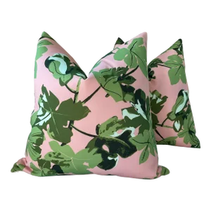 Peter Dunham Indoor Outdoor Fig Leaf in Pink Background 22” Down Pillows and Cover - A Pair