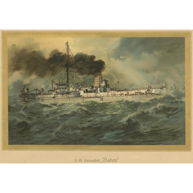 Hugo Graf, SMS Baden: German Coastal Defense Ship in Turbulent Seas, 1903, Chromolithograph For Sale - Image 4 of 6