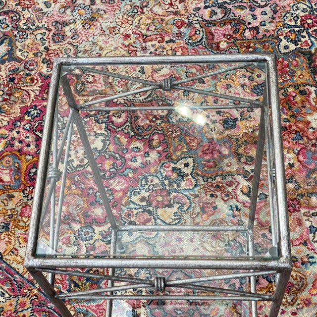 Vintage Square Wrought Iron and Glass 2 Tiered Plant Stand For Sale In Philadelphia - Image 6 of 13