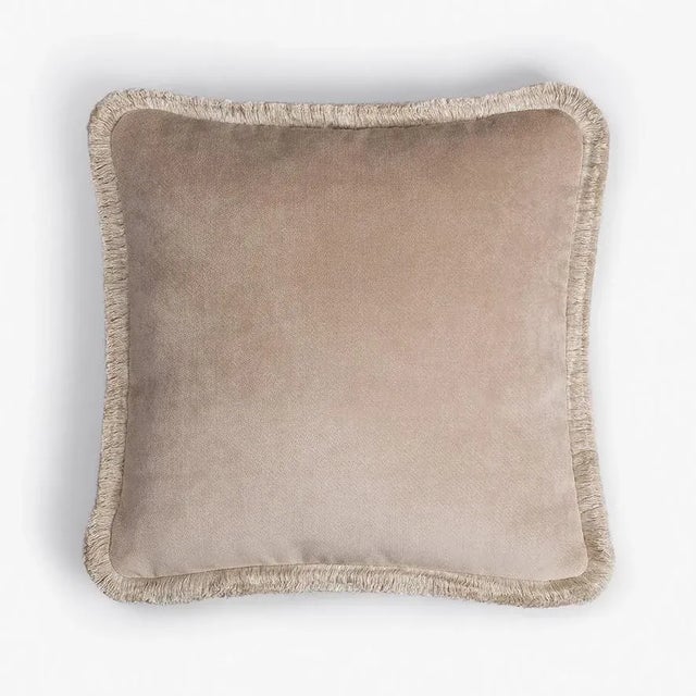 Happy Pillow Soft Velvet Cushion with Fringe Beige-Beige by Lorenza Briola for Lo Decor For Sale - Image 4 of 4