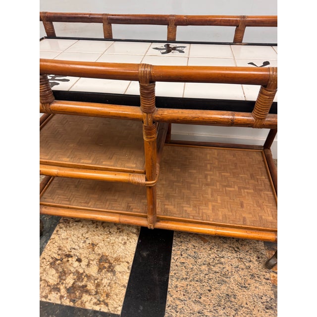 1970s John Wisner for Ficks Reed Style Faux Bamboo Rattan Bar Cart With Tile Top, Mid-Century For Sale - Image 5 of 9
