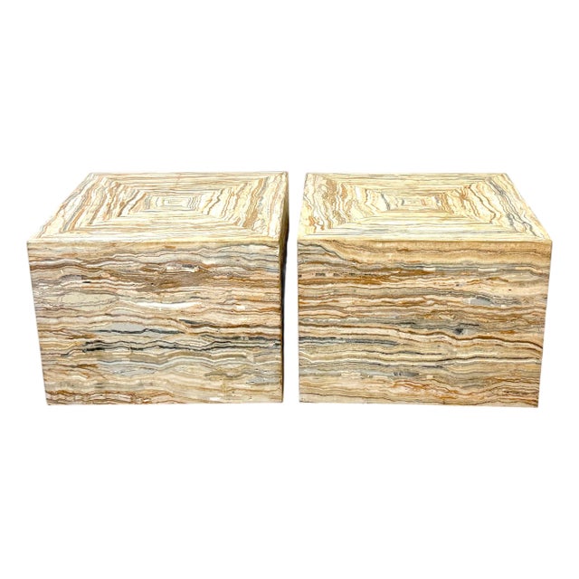 Pair Italian Specimen Travertino Oniciato Cube Side Tables, Style of Romeo Rega For Sale