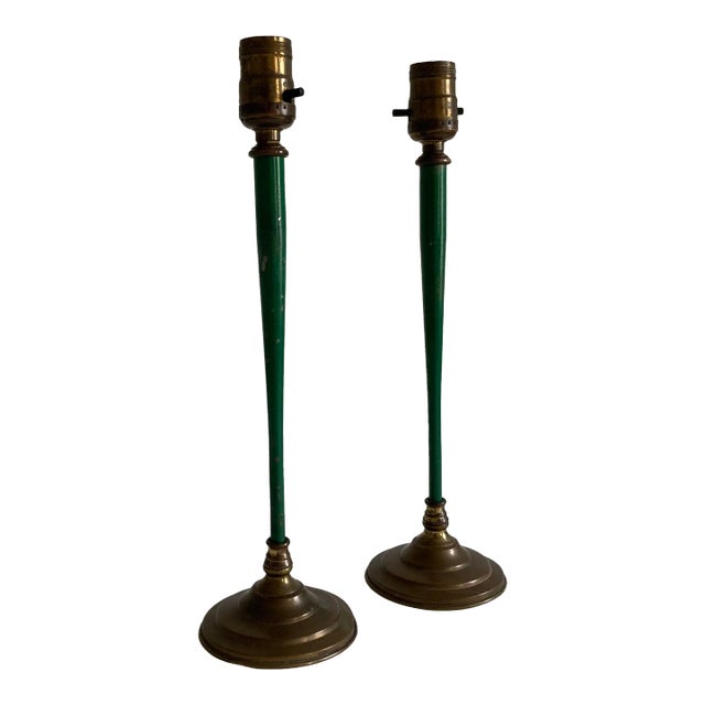 Vintage Mid 20th Century Hunter Green Metal Table Lamps - a Pair For Sale