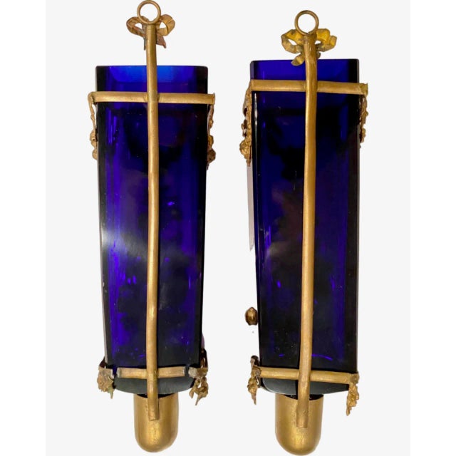19th Century Pair Antique French Cobalt Glass Gilt Bronze Cherub Putti Wall Sconces For Sale - Image 5 of 13