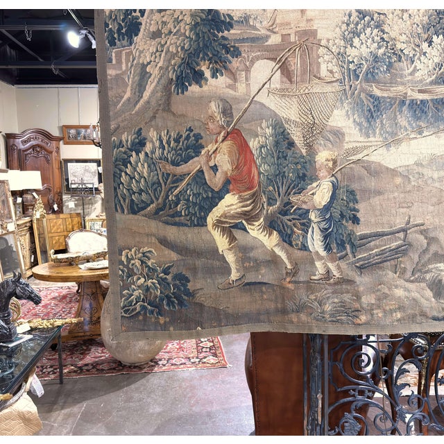 18th Century French Aubusson Pastoral Tapestry With Fishermen, Verdure & Castle For Sale In Dallas - Image 6 of 12