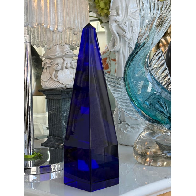 Mid-Century Modern Signed 1960’s Archimede Seguso Cobalt Blue Murano Glass Crystal Obelisk For Sale - Image 3 of 5