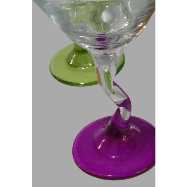 Mid-Century Modern Vintage Colorful Candy Bases Zic-Zac Stem Martini Glasses- Set of 4 For Sale - Image 3 of 7