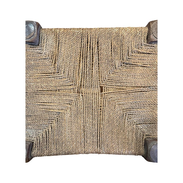 Wood Antique Folk Art Style Wood & Seagrass Rope Stool / Footstool / Ottoman For Sale - Image 7 of 9