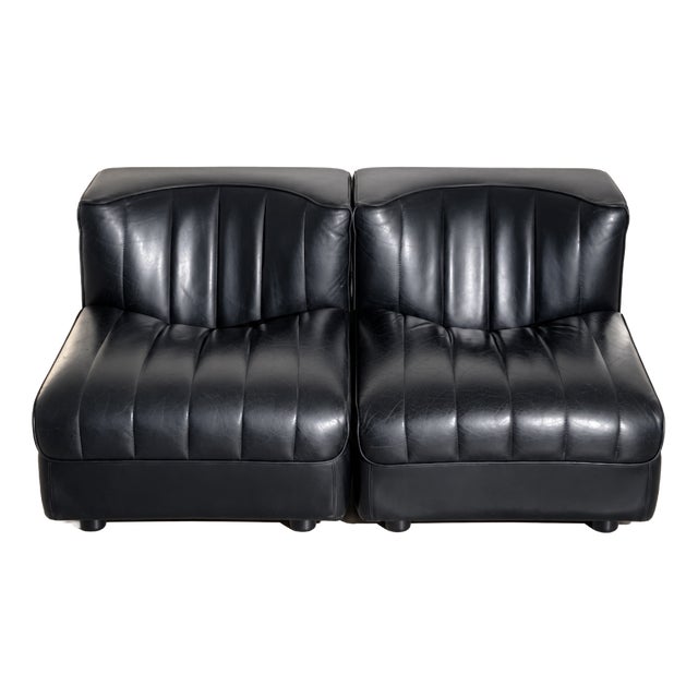 Black Leather 9000 Modular Sofa by Tito Agnoli for Mobilier International, 1975, Set of 2 For Sale
