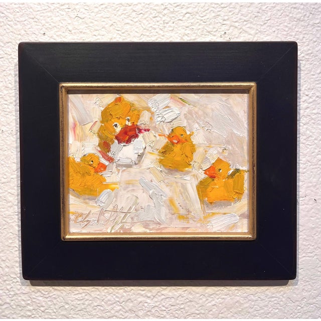 Family Meeting depicts a lively gathering of abstracted figures, characterized by vibrant yellows and soft whites that...