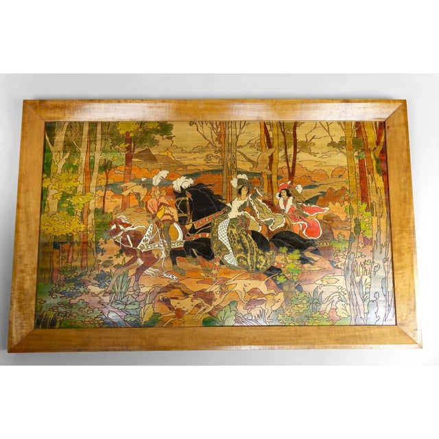 Important Pyrography Panel – Medieval Hunting Scene France, Art Nouveau – Circa 1900 An exceptional pyrography artwork on...