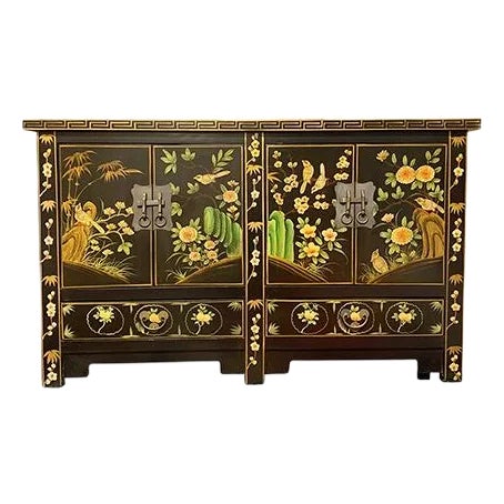 Shanxi Black Lacquer Hand Painted Elm Buffet Table For Sale