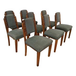 1930’s Art Deco Walnut Dining Chairs - Set of 8 For Sale