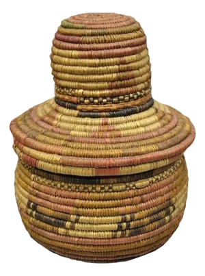 Vintage Nigerian African Tribal Hausa Woven Orange Basket With Dome Lid
